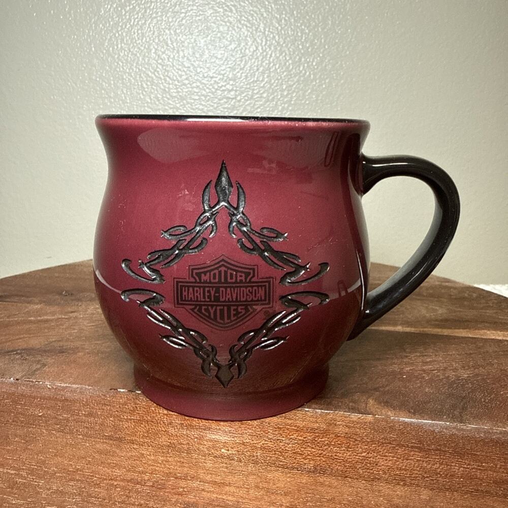 Harley Davidson Tribal Flame Etched Coffee Mug Burgundy Black 2008